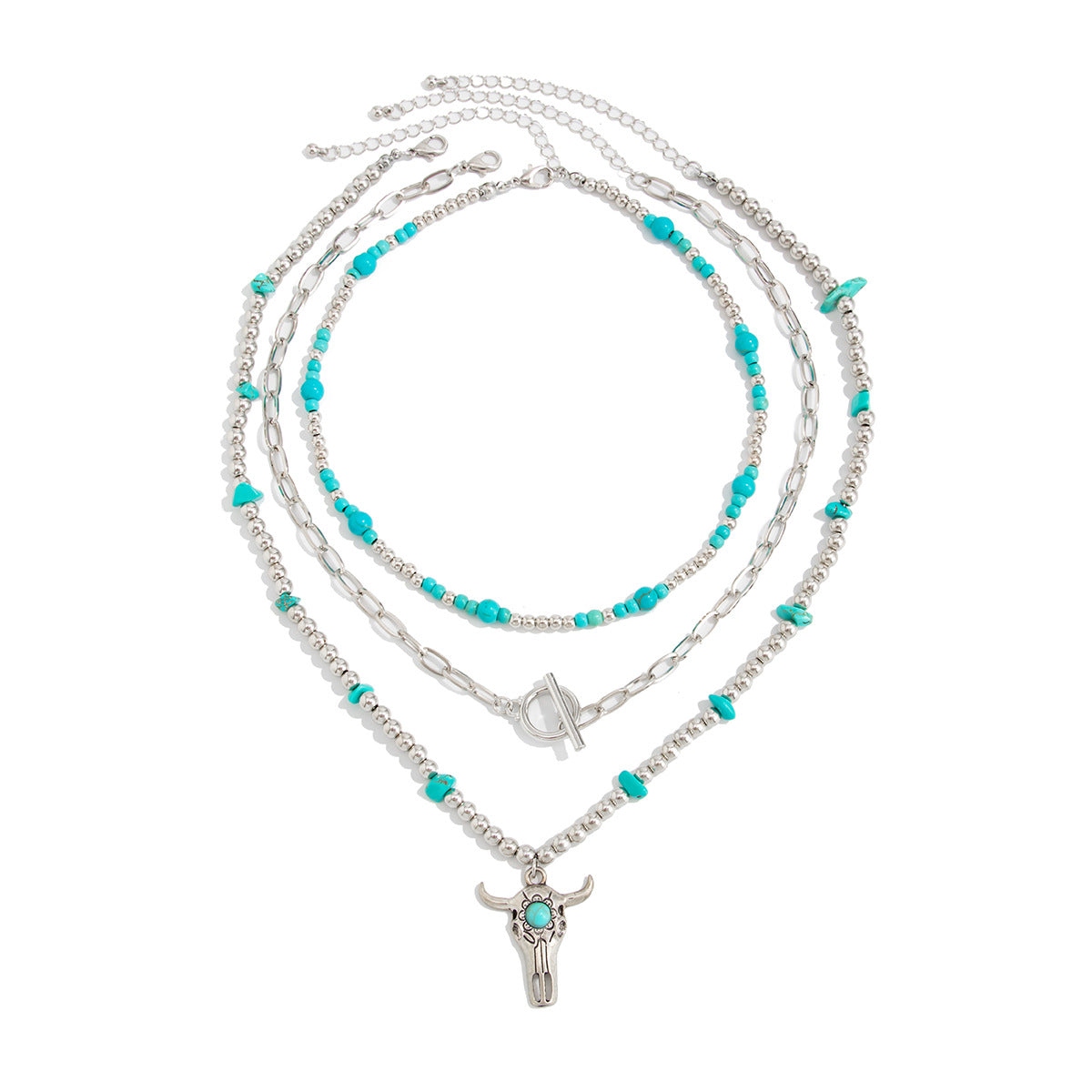 Bohemian Vintage Alloy Plated Bull Head Cross Pendant Necklace with Faux Turquoise Inlay for Women