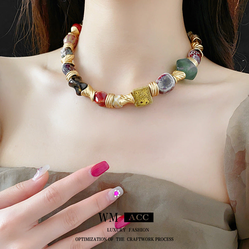 Vintage Floral Ceramic Pendant Necklace with Geometric Accents for Women