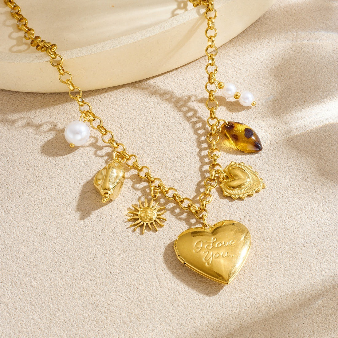 Vintage Gold Plated Stainless Steel Heart Leopard Print Pendant Necklace for Women