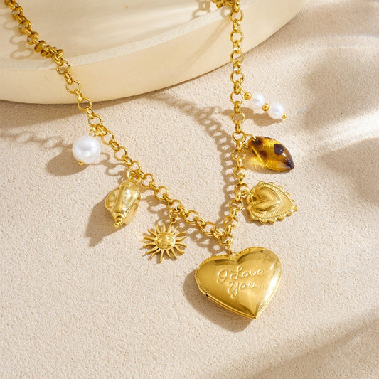Vintage Gold Plated Stainless Steel Heart Leopard Print Pendant Necklace for Women