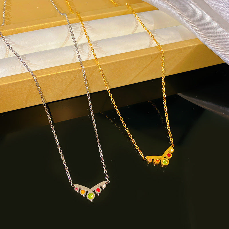 Sweet Streetwear Colorful Cubic Zirconia Crown Titanium Steel Necklace for Unisex