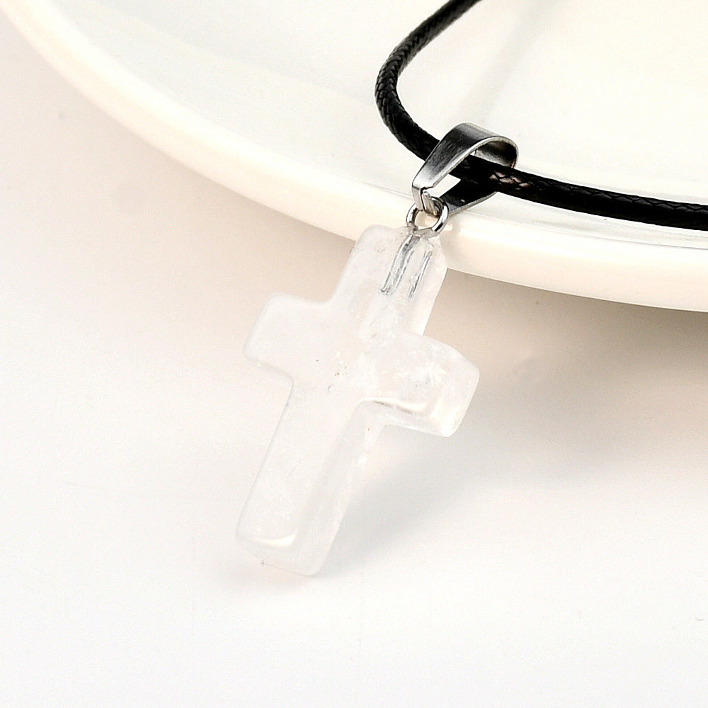 Minimalist Cross Crystal Agate Turquoise Pendant Necklace Unisex