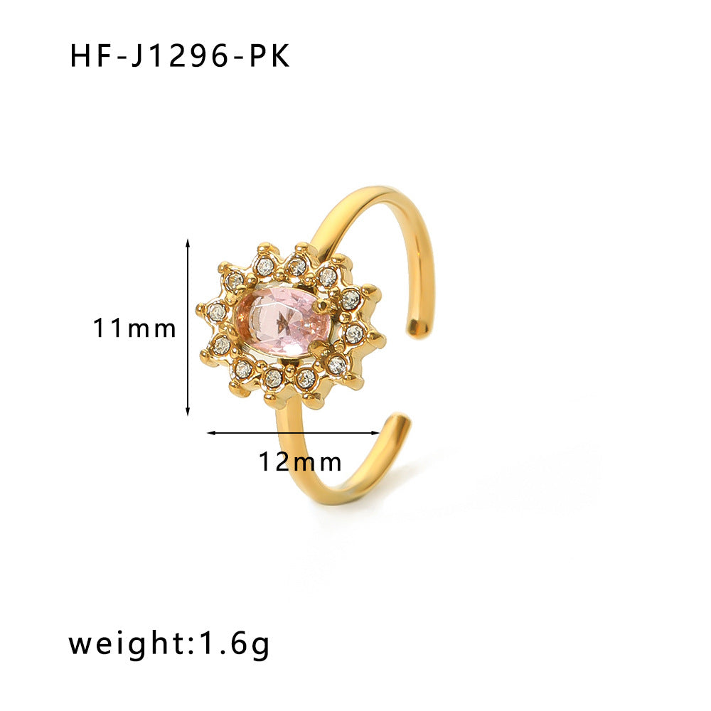 Vintage Stainless Steel Heart-Shaped Geometric Ring with Zircon Inlay and 18K Vacuum Plating for Women
