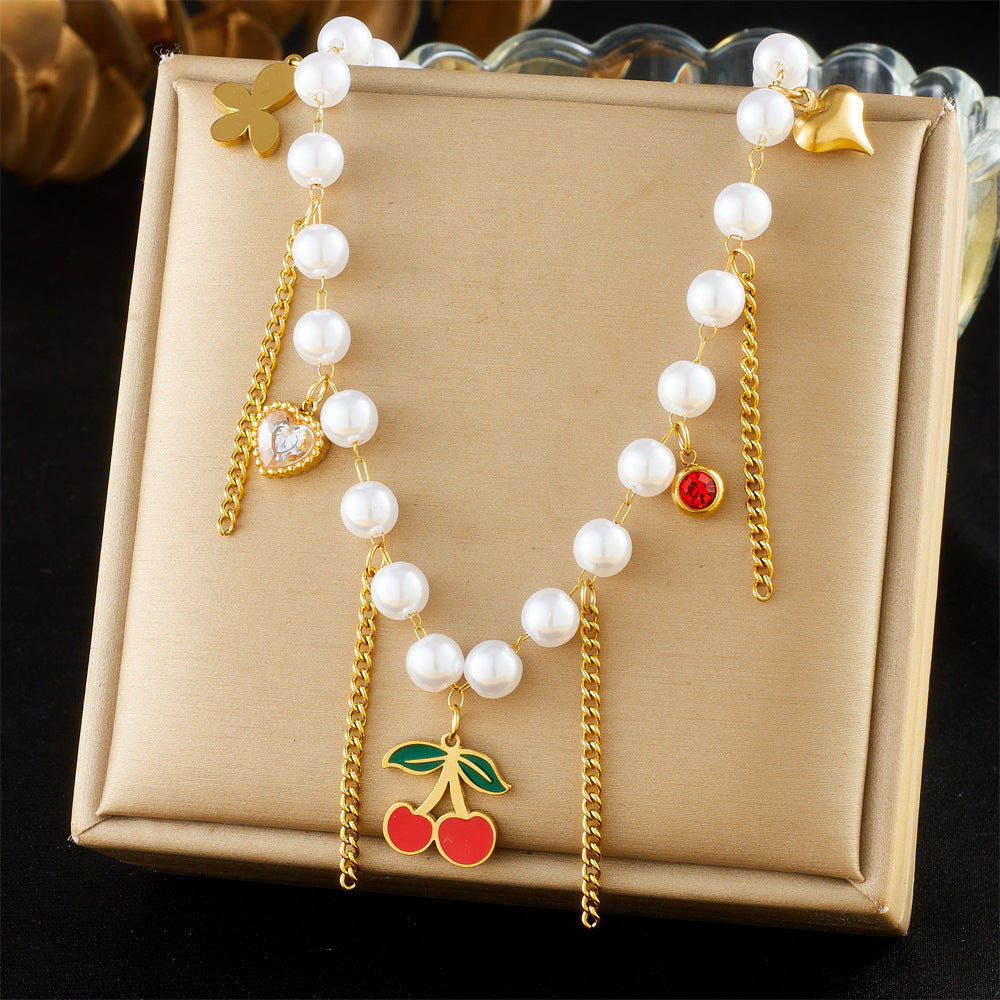 Sweet Heart Butterfly Drip Oil Stainless Steel Ball Chain Necklace with Cherry Pendant