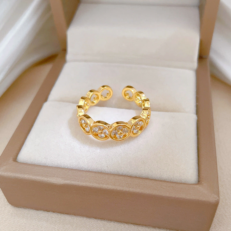 Cartoon Style Clover-Shaped Gold-Plated Brass Adjustable Ring for Women with Crown Design