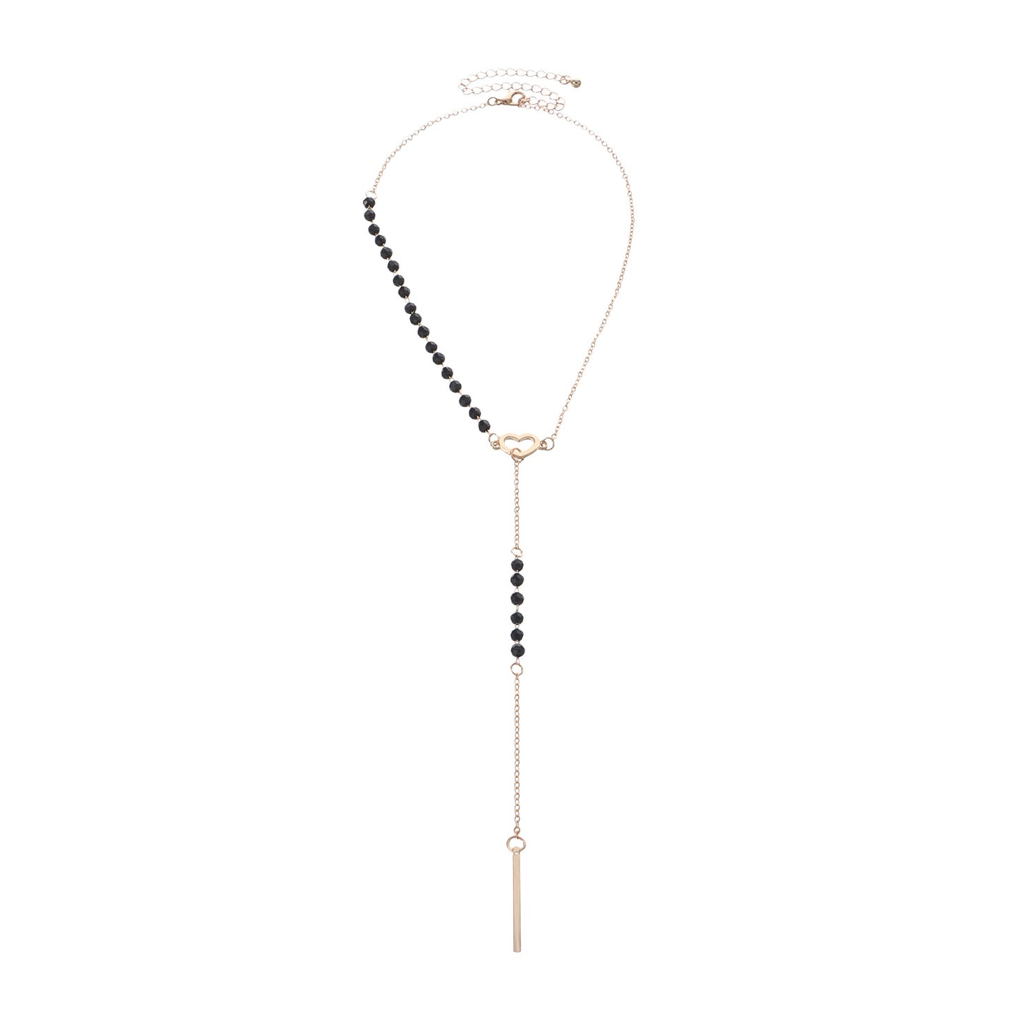 Elegante Collana Pendente da Donna a Tassello Lungo a Y con Ciondolo a Cuore e Catenina a Croce in Lega con Pietra Nera