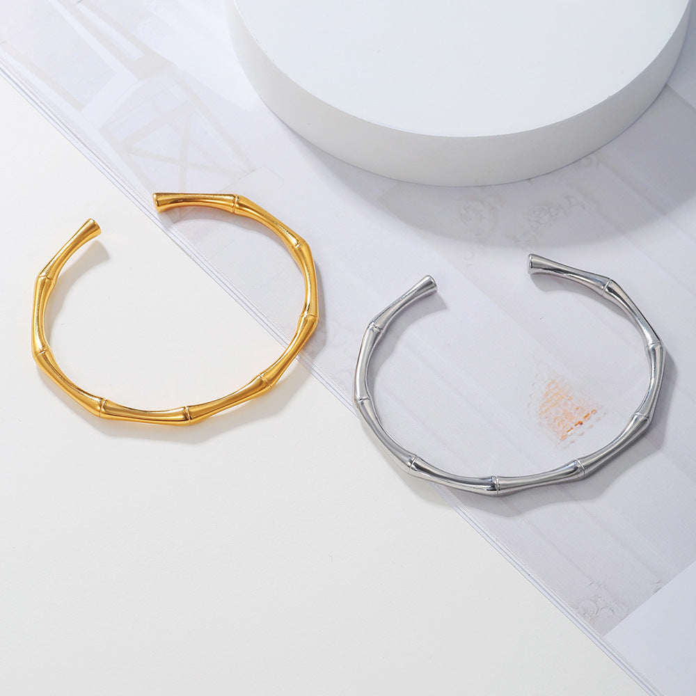 Bamboo Segment Geometric Plated Titanium Steel Open Cuff Bracelet for Women