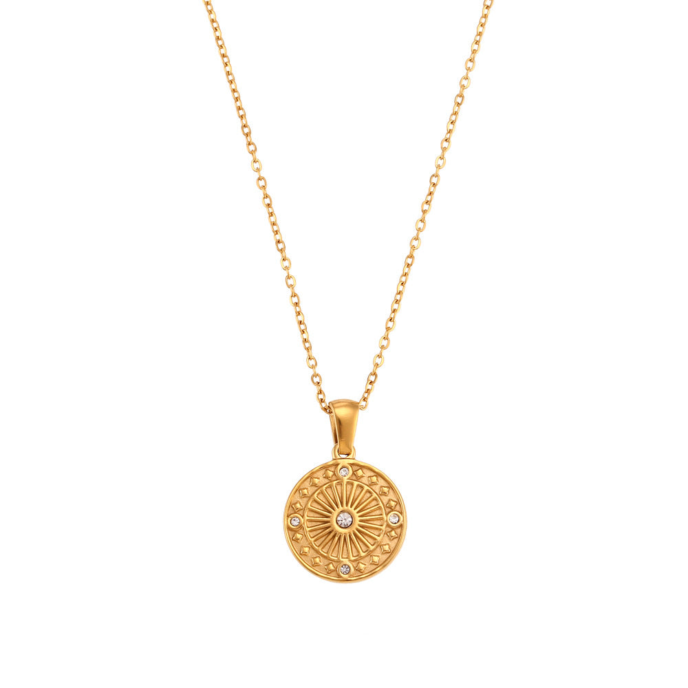 Minimalist Geometric Compass Pendant Necklace in Stainless Steel with Rhinestone Inlay for Women