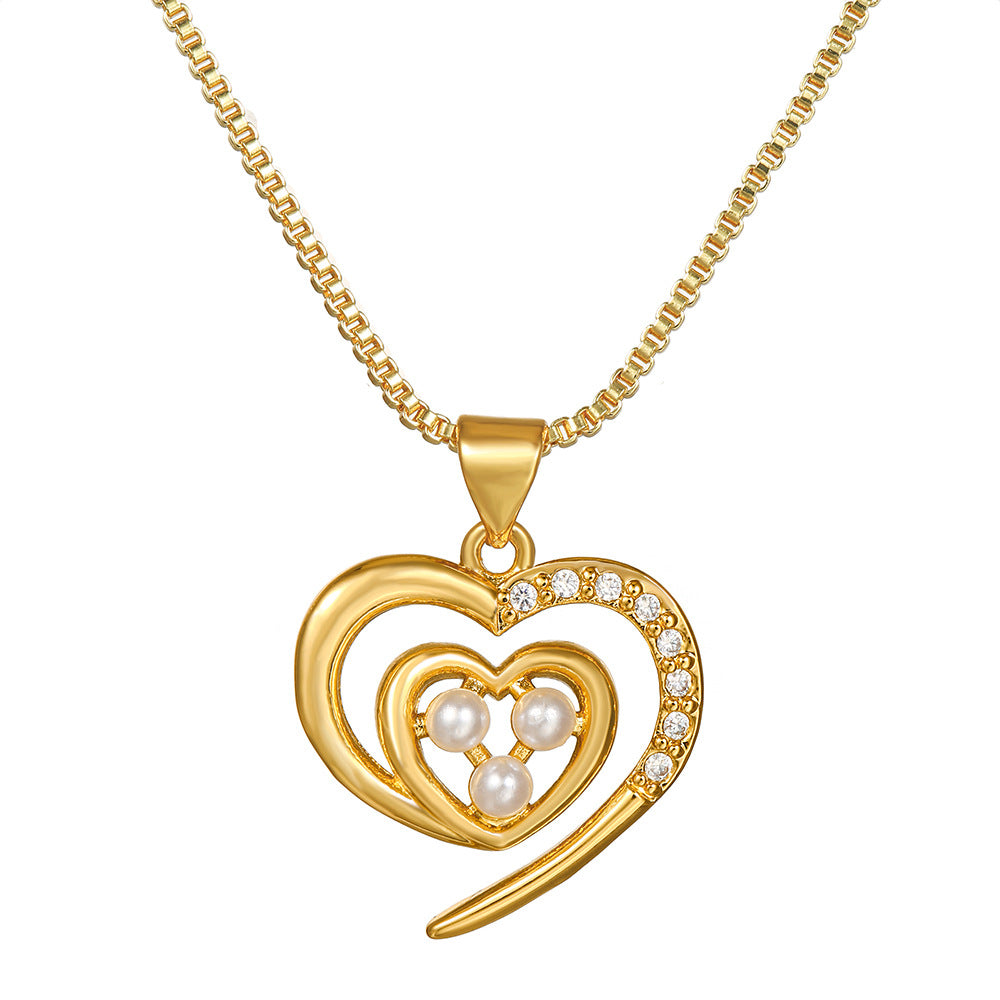 Elegant Heart Brass Cubic Zirconia Pendant Necklace Cable Chain Unisex