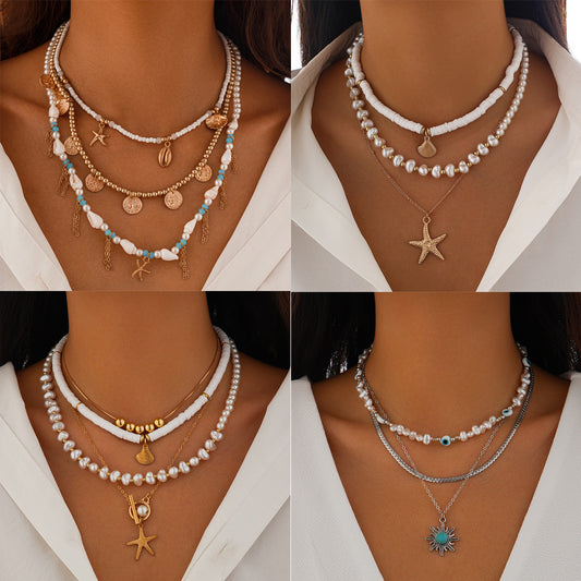 Minimalist Geometric Alloy and Faux Pearl Multi-layer Necklace for Women