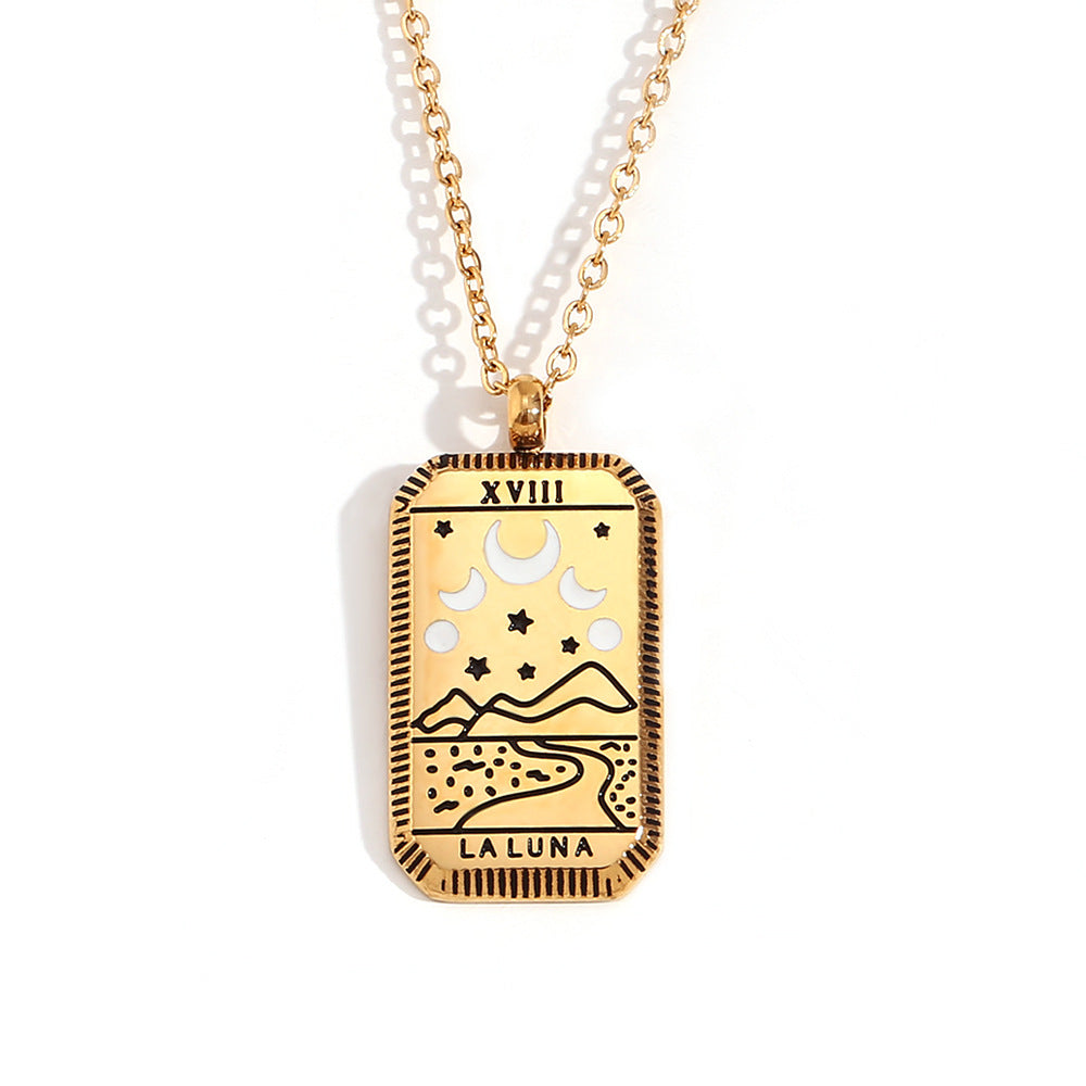 Collana con ciondolo quadrato minimalista a tarocchi da donna in acciaio al titanio con placcatura in oro 18 carati e design geometrico