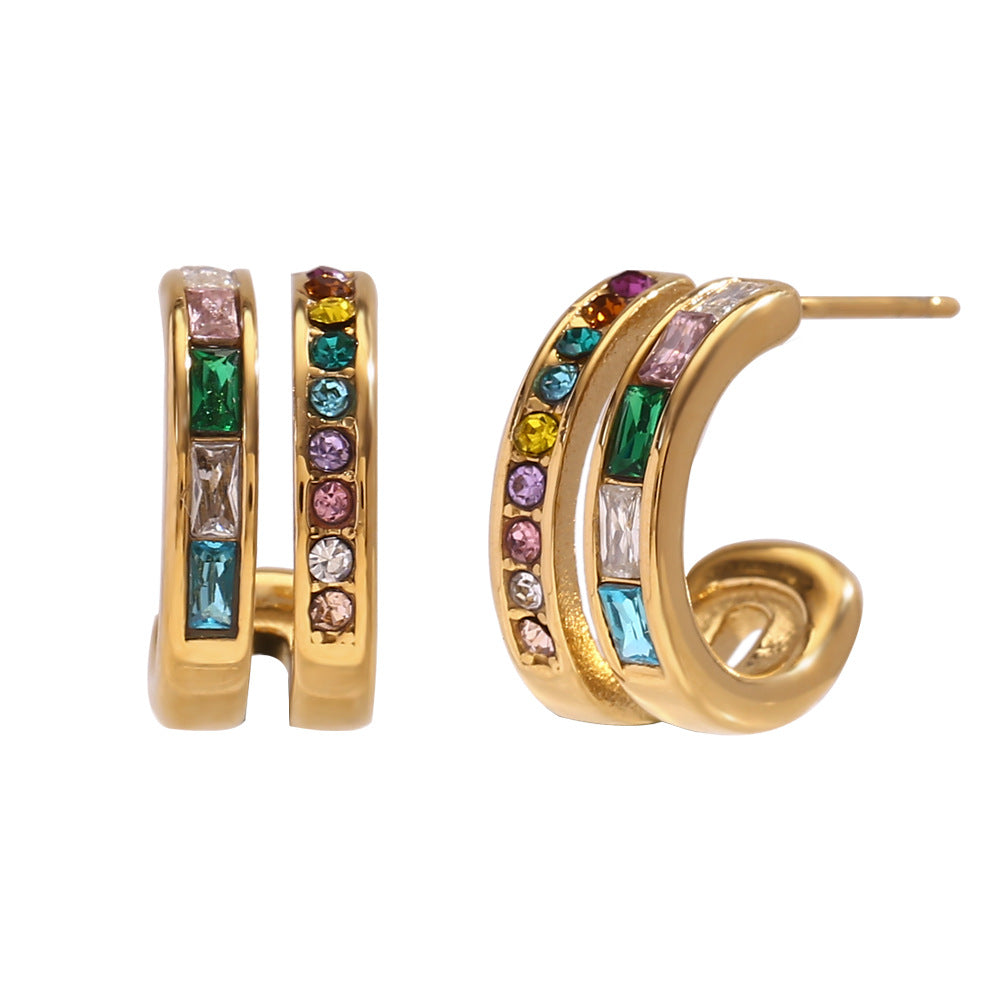 Orecchini a clip geometrici in acciaio inossidabile d'ispirazione vintage placcati oro 18 carati con zirconia cubica da donna