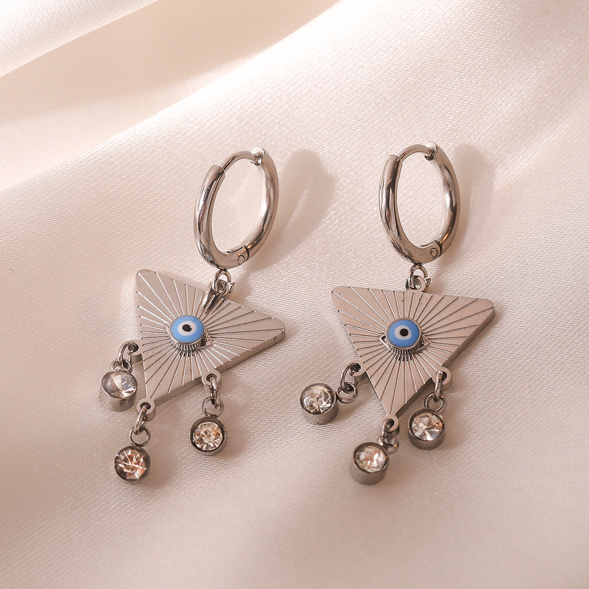 Minimalist Geometric Evil Eye Earrings for Women in Titanium Steel with Rhinestone Inlay and Enamel Finish