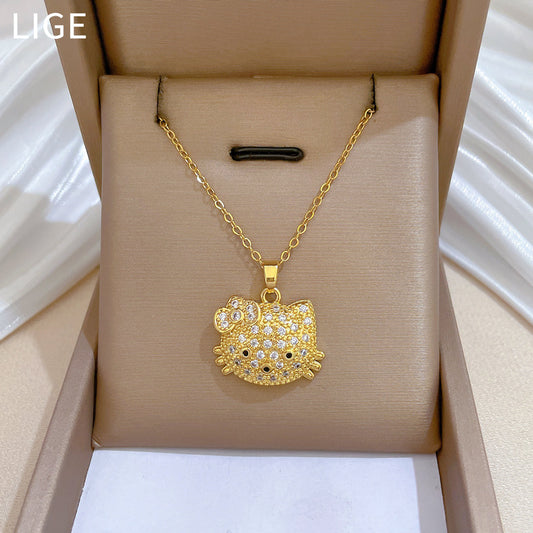 Sweet Elegant Cartoon Butterfly Geometric Rhinestone Brass Pendant Titanium Steel Necklace Cable Chain