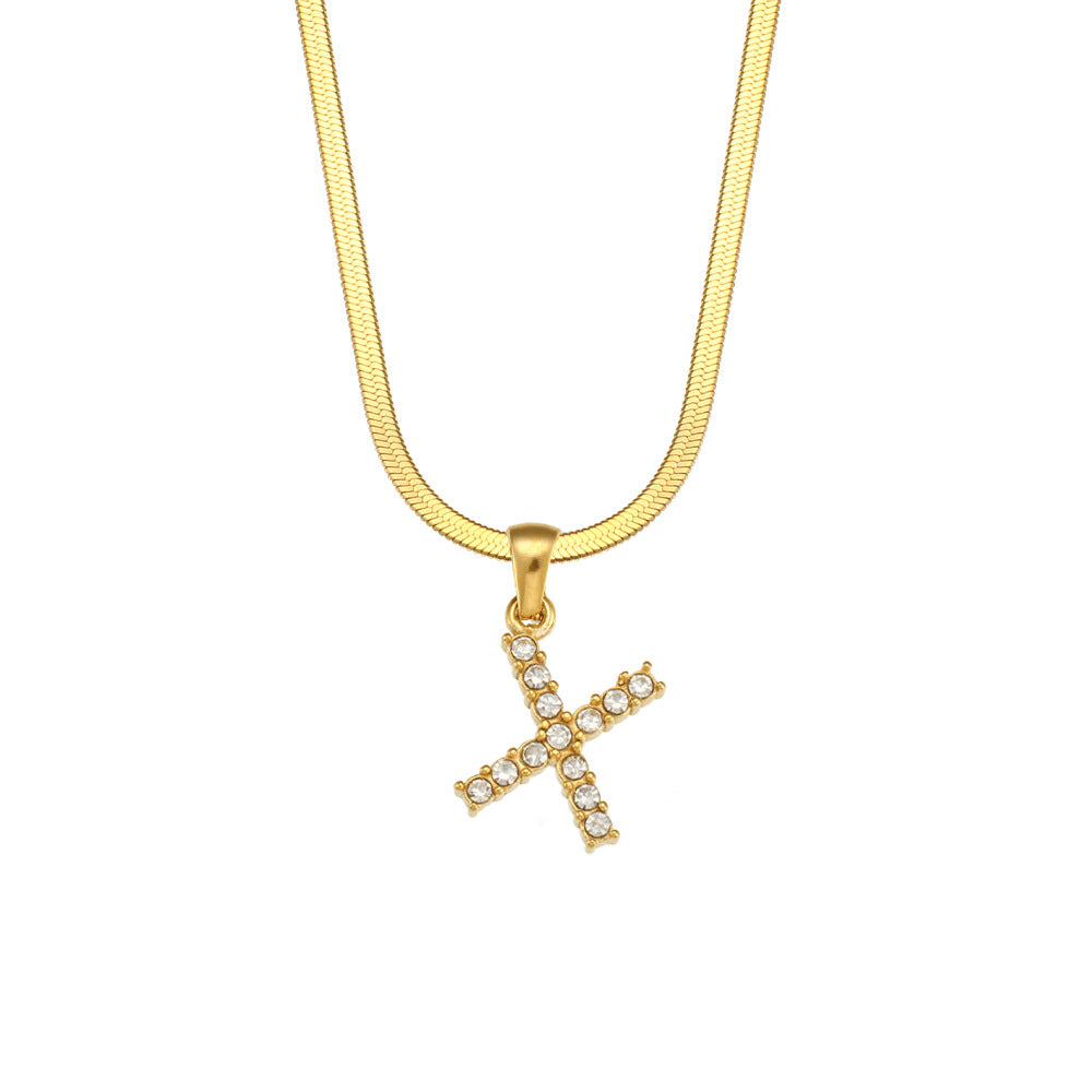 Collana Minimalista con Ciondolo a Lettera in Acciaio Inossidabile con Placcatura in Oro 18K e Zircone su Catena a Serpente Piatta per Donna