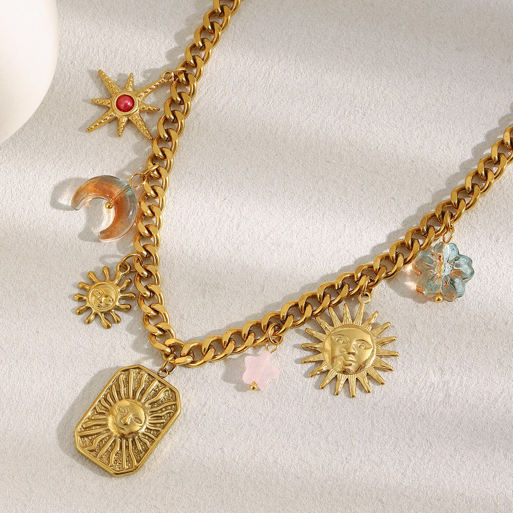 Collana Pendente Minimalista Geometrica Sole Luna e Ottagramma in Acciaio Inossidabile Placcato Oro 18K da Donna