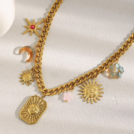 Minimalist Geometric Sun Moon and Octagram Pendant Necklace in Stainless Steel with 18K Gold Plating for Women