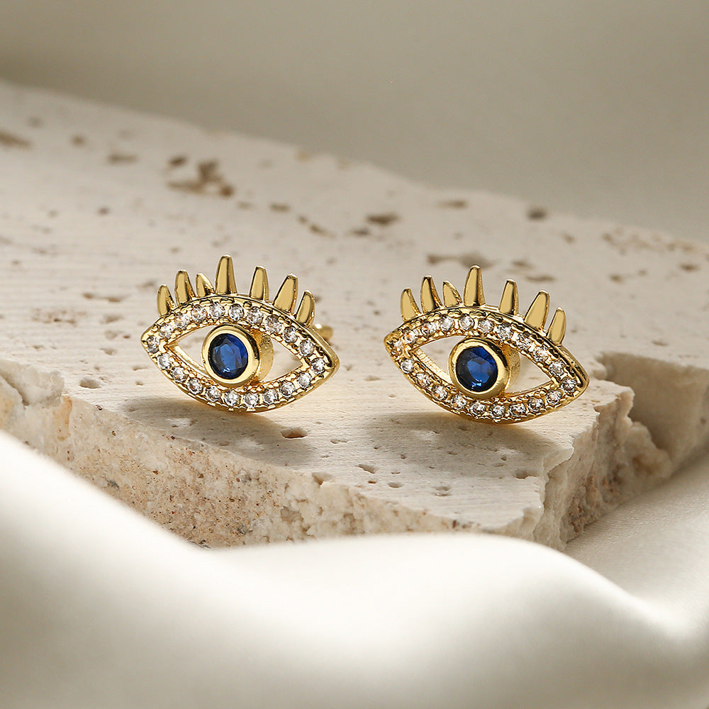 Vintage-Style Geometric Evil Eye Stud Earrings for Women with Copper Base and Real Gold Plating Featuring Micro-Pave Zirconia