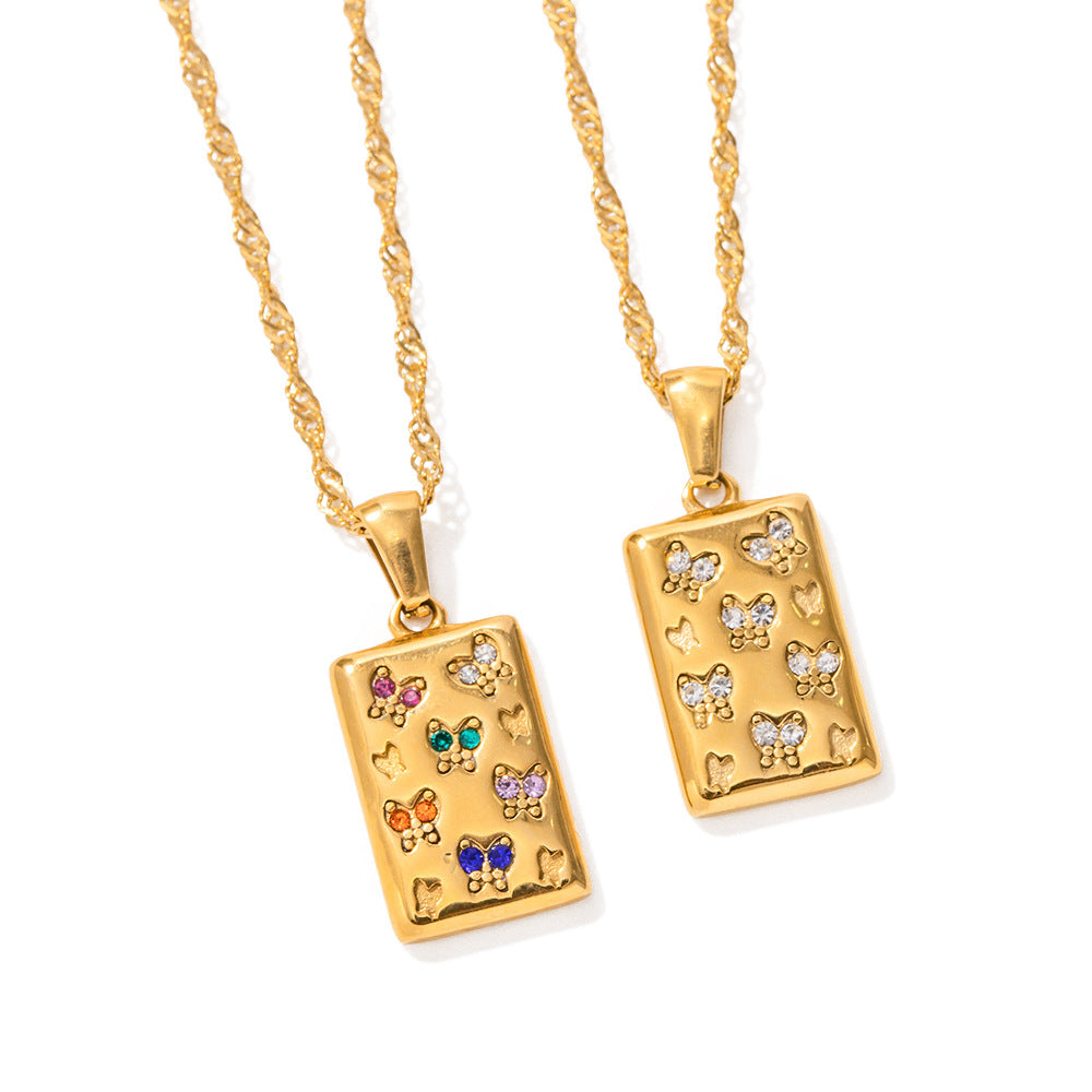 Collana con ciondolo quadrato a farfalla da donna vintage in acciaio inossidabile placcato oro 18 carati con strass bianchi