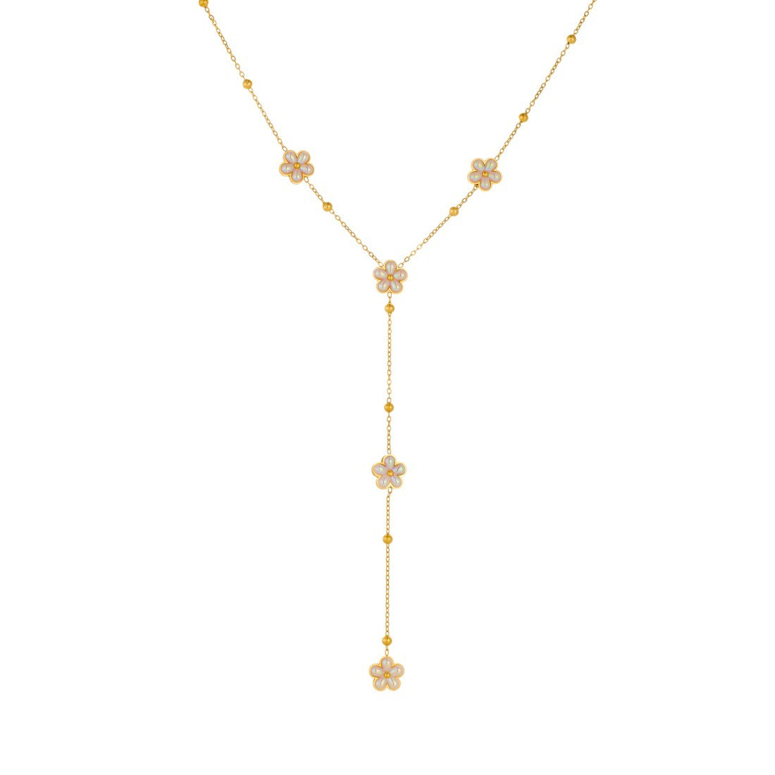 Gold Plated Stainless Steel Floral Pendant Necklace with Simulated Pearl Tassel for Women