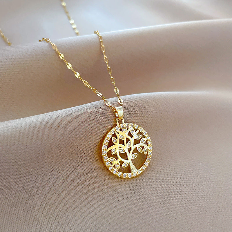 Collana Pendente Albero della Vita di Lusso in Acciaio al Titanio con Intarsio di Zirconi per Donna, Design Geometrico, Delicata Catena alla Clavicola