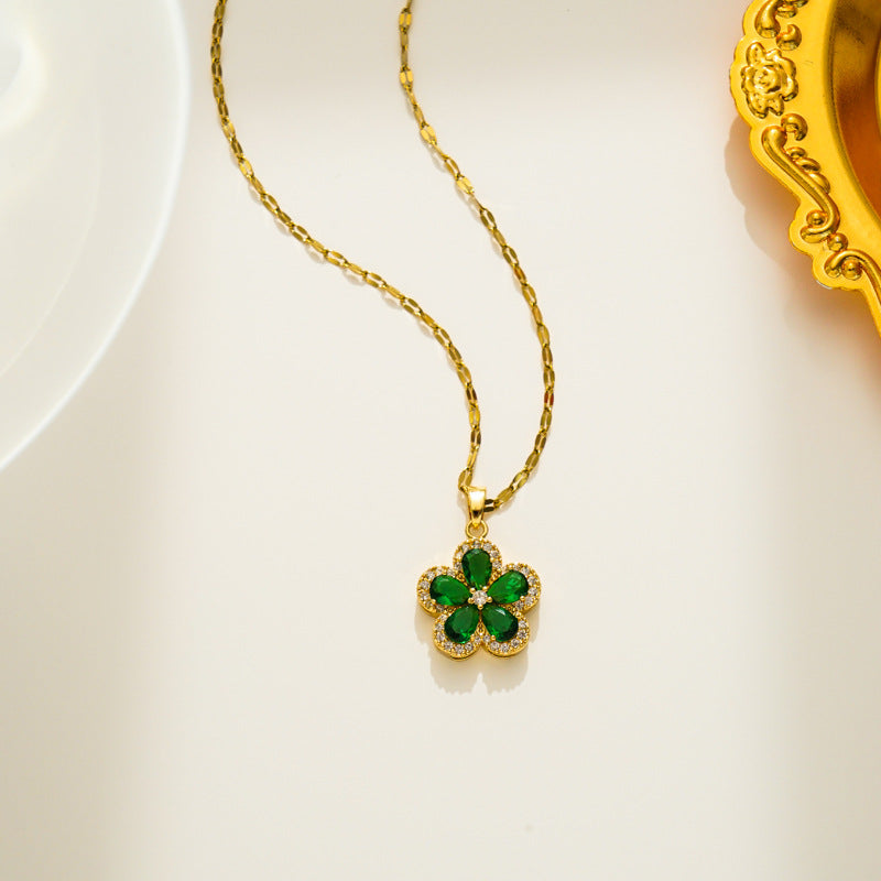 Minimalist Floral Zirconia Necklace for Women with Titanium Steel Pendant and Plated Snake Chain