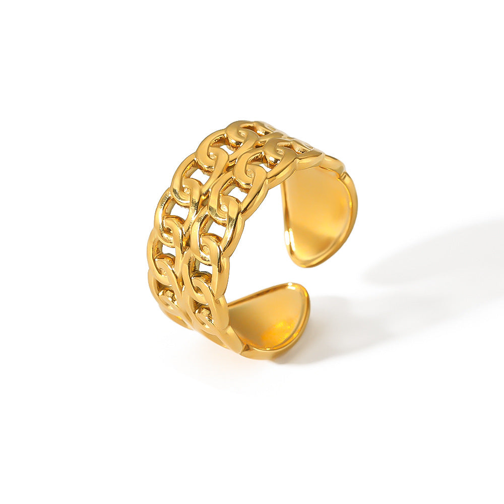 Anello Minimalista Geometrico Regolabile in Acciaio Inossidabile con Dettaglio Doppia Catena Vuota e Finitura Placcata Sottovuoto 18K