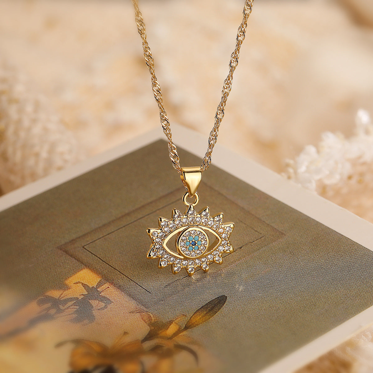 Set di collana e orecchini da donna con ciondolo a occhio turco placcato oro 18 carati in rame e zirconi, stile minimalista vintage