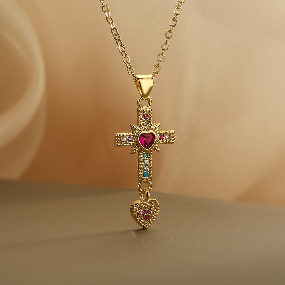 Collana con ciondolo a croce minimalista da donna in rame placcato oro e zirconi