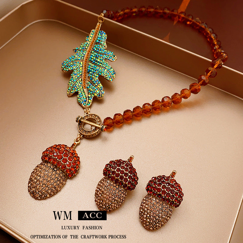 Vintage Pineapple Pendant Necklace Set with Rhinestone Inlay in Alloy for Women Featuring Clavicle Chain and Matching Earrings