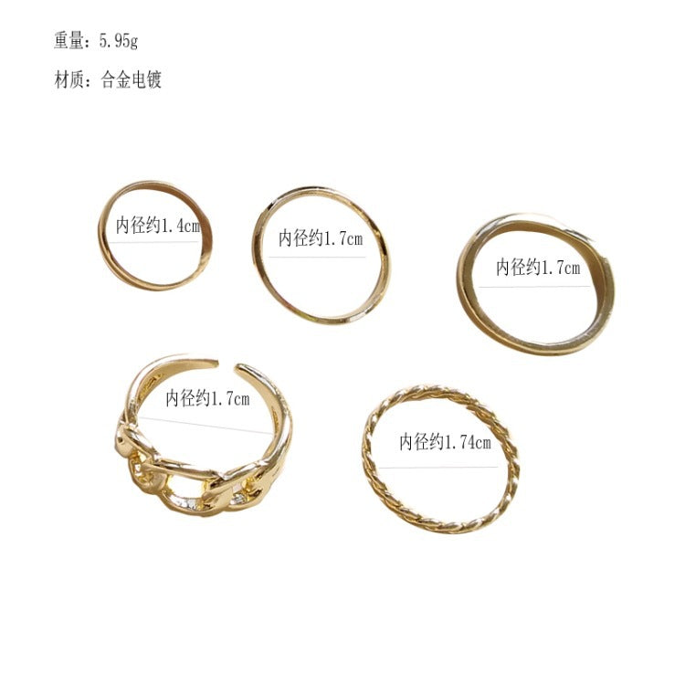 Minimalist Geometric Alloy Ring Set with Plating Finish for Women Five-Piece Fashion Finger Rings