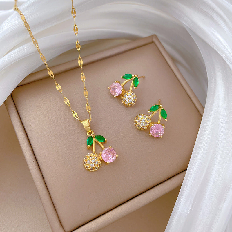 Luxury Fresh and Sweet Plated Brass Zircon Micro-Pave Earrings and Necklace Set