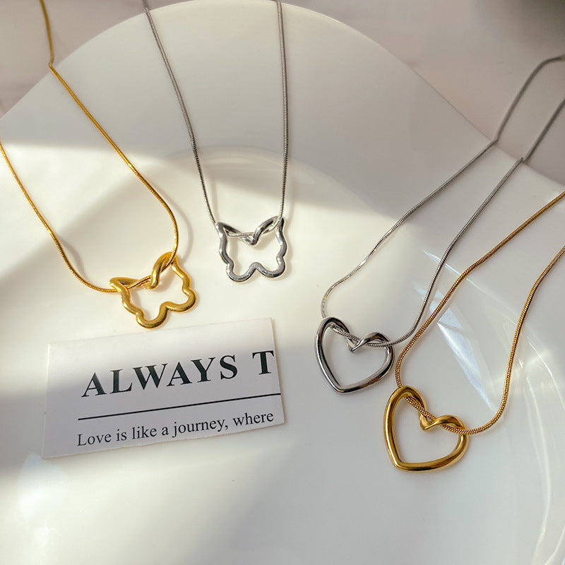 Sweet Streetwear Hollow Butterfly Heart Titanium Steel Plated Snake Chain Necklace