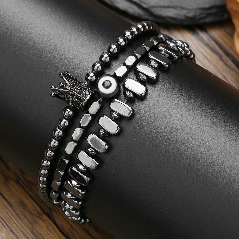 Set di bracciali a strati Punk Dark con ossidiana nera, occhio di Allah e ciondoli a forma di corona in zircone, unisex
