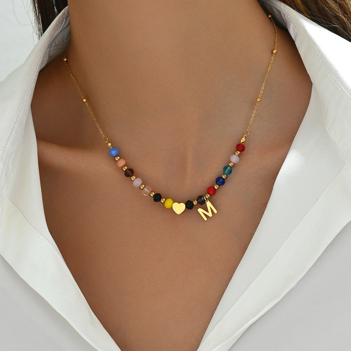 Collar con colgante de letra de corazón minimalista, dulce y fresco, para mujer, cadena larga de clavícula con cobre chapado y diseño de cuentas