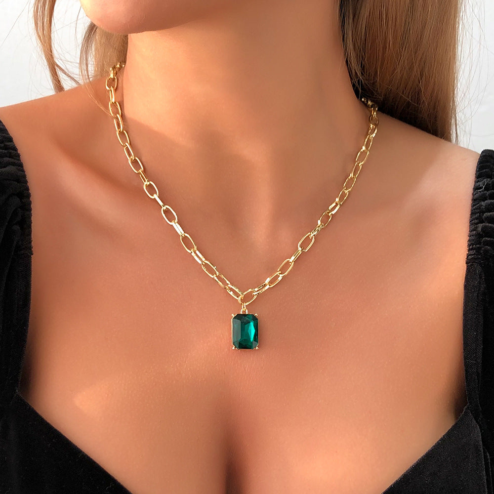 Sweet and Edgy Geometric Pendant Necklace in Alloy with Rhinestone Inlay and Electroplated Finish on Bamboo Chain