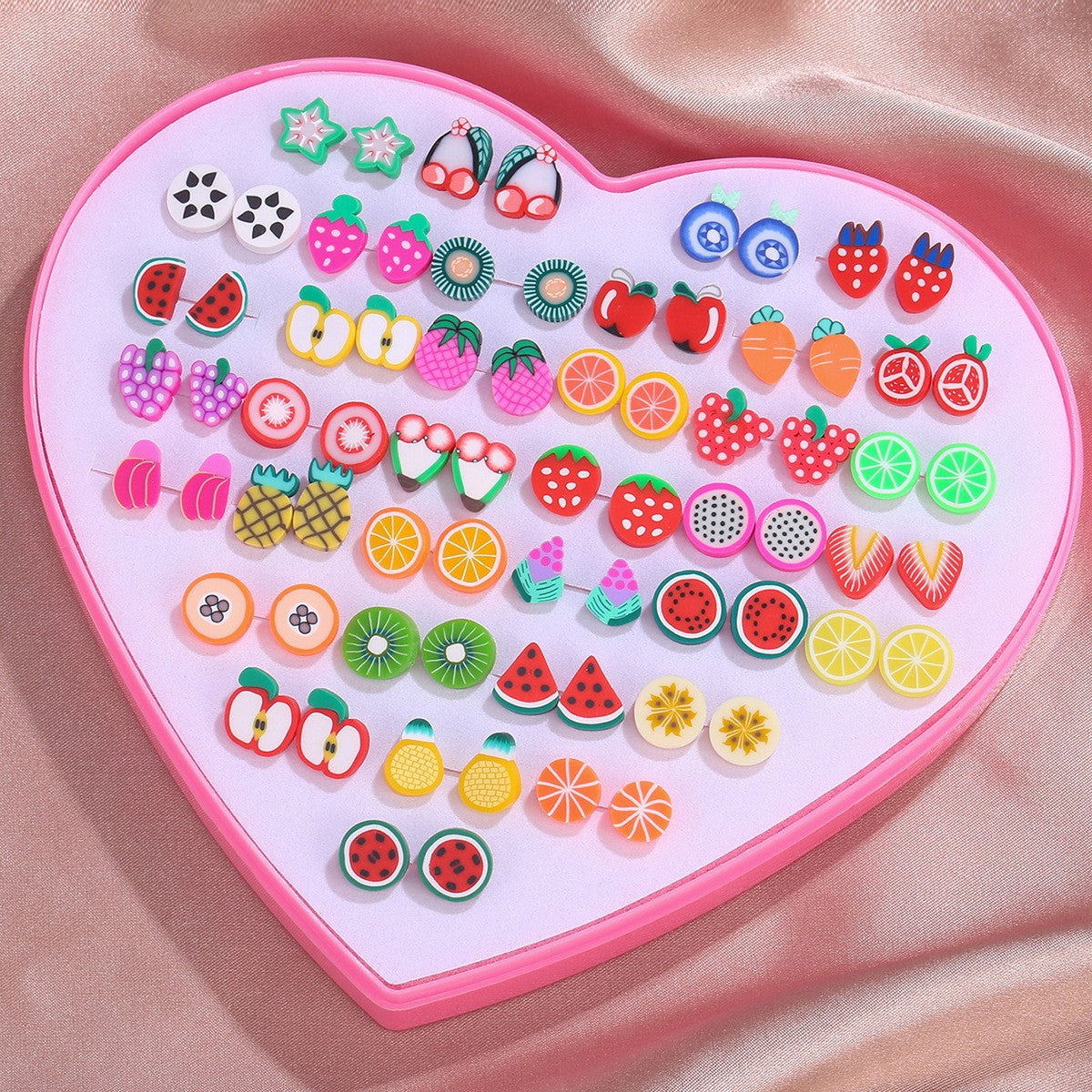 Sweet Cartoon Fruit and Geometric Heart Resin Stud Earrings Set with Stainless Steel Posts for Women