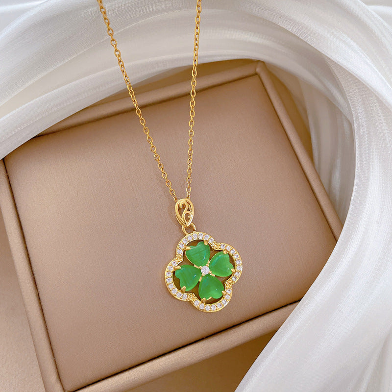 Cartoon Style Four-Leaf Clover Pendant Necklace in Stainless Steel with Rhinestone Inlay for Women and Unisex Wear