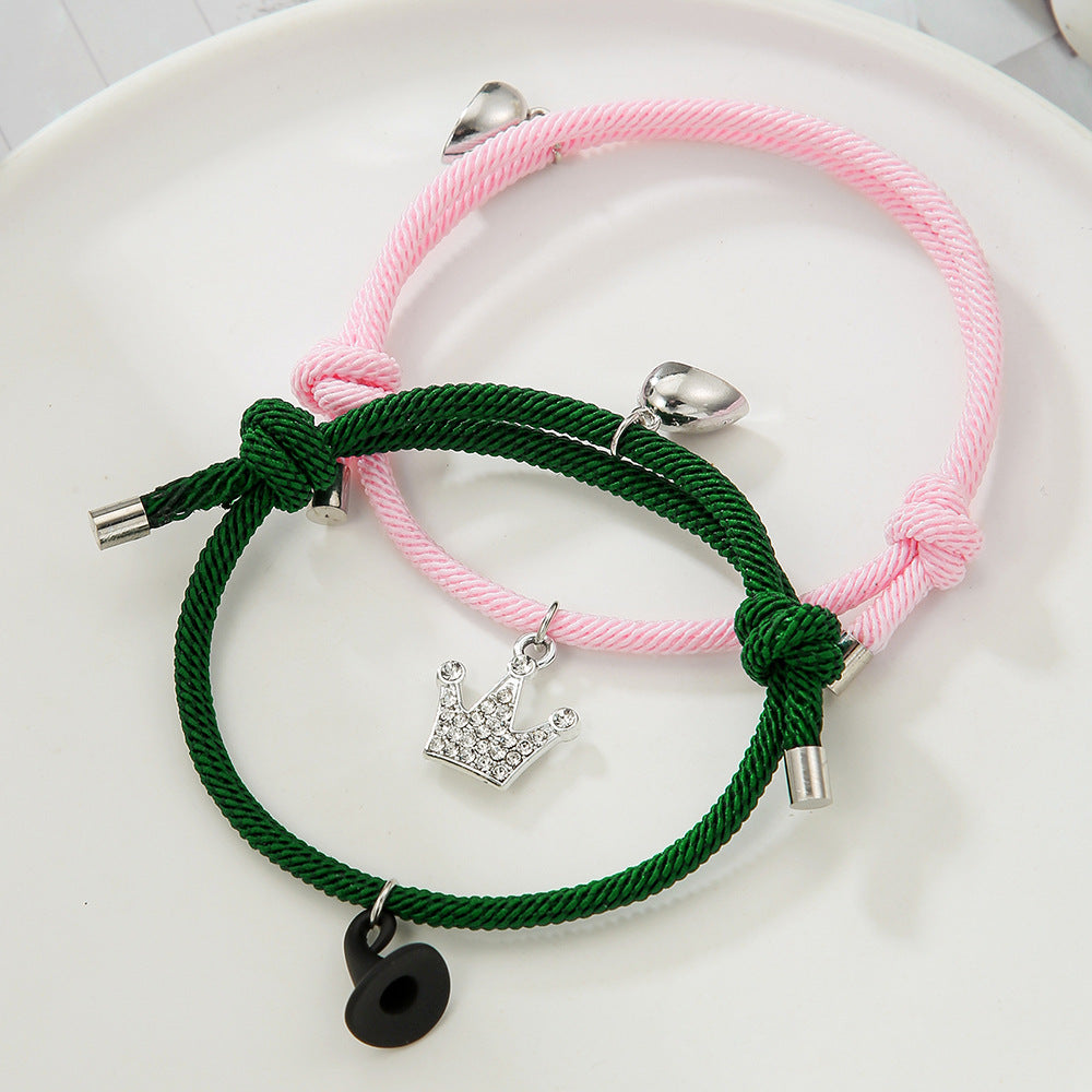 Streetwear Rhinestone Inlay Crown and Witch Hat Charm Bracelet for Couples