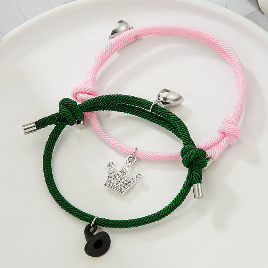 Streetwear Rhinestone Inlay Crown and Witch Hat Charm Bracelet for Couples