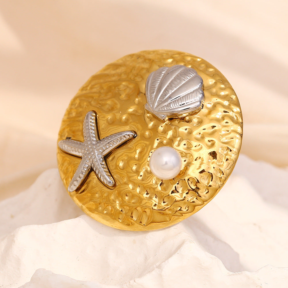 Fashionable Geometric Starfish Shell Pearl Round Open Ring in Stainless Steel with 18K Gold Plating for Women