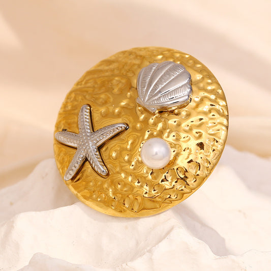 Fashionable Geometric Starfish Shell Pearl Round Open Ring in Stainless Steel with 18K Gold Plating for Women