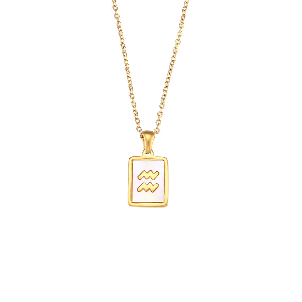 Collana con ciondolo segno zodiacale alla moda da donna con catena in acciaio inossidabile e intarsio in conchiglia naturale a forma di quadrato geometrico
