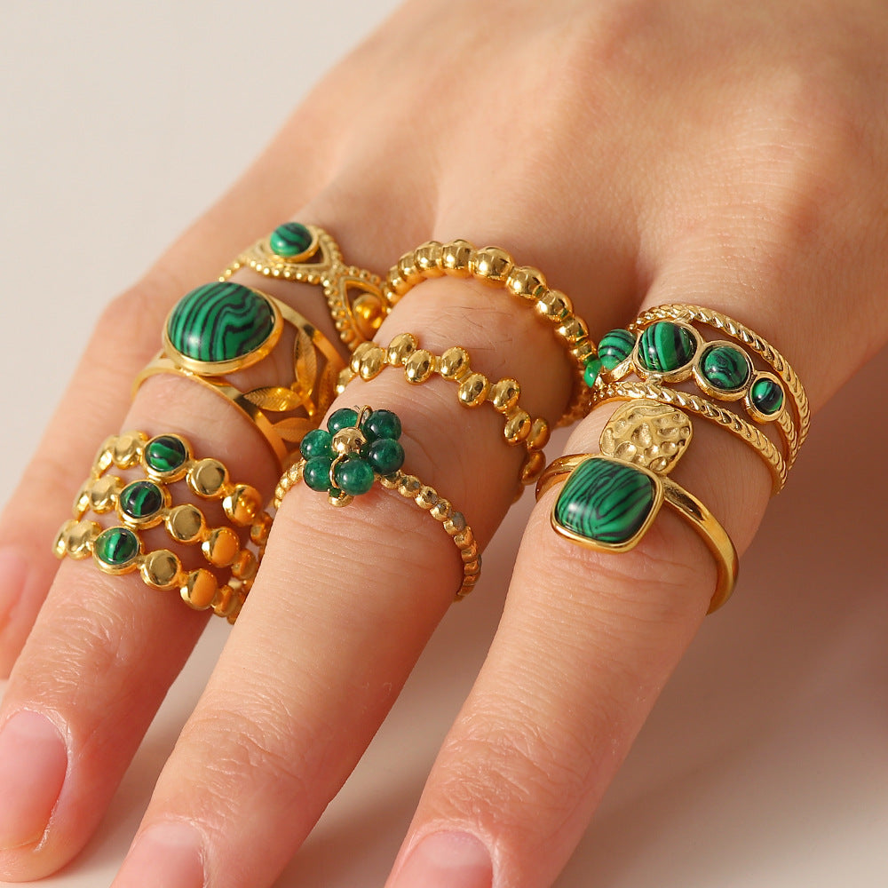 Vintage Minimalist 18K Gold Plated Green Natural Stone Open Ring for Women