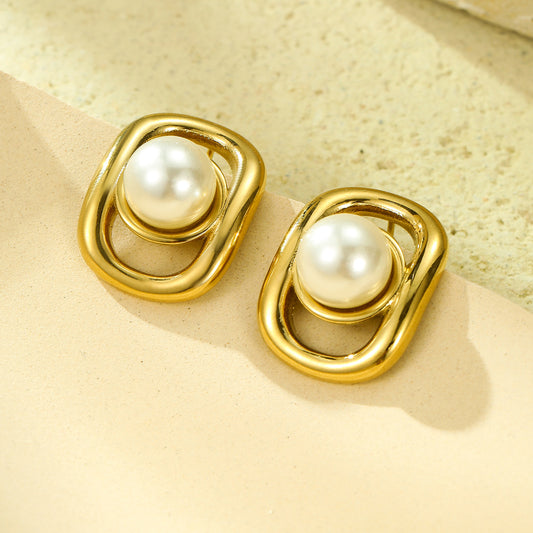 Minimalist Geometric Square Stainless Steel Earrings with Pearl Inlay for Women