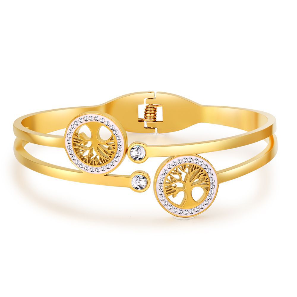 Adjustable Tree of Life Geometric Plated Titanium Steel Bracelet for Women with Leaf Pattern