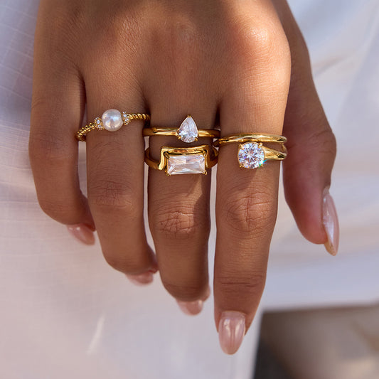 Anello geometrico in acciaio inossidabile con zirconi e perle, placcato, da donna, accessorio di moda di lusso