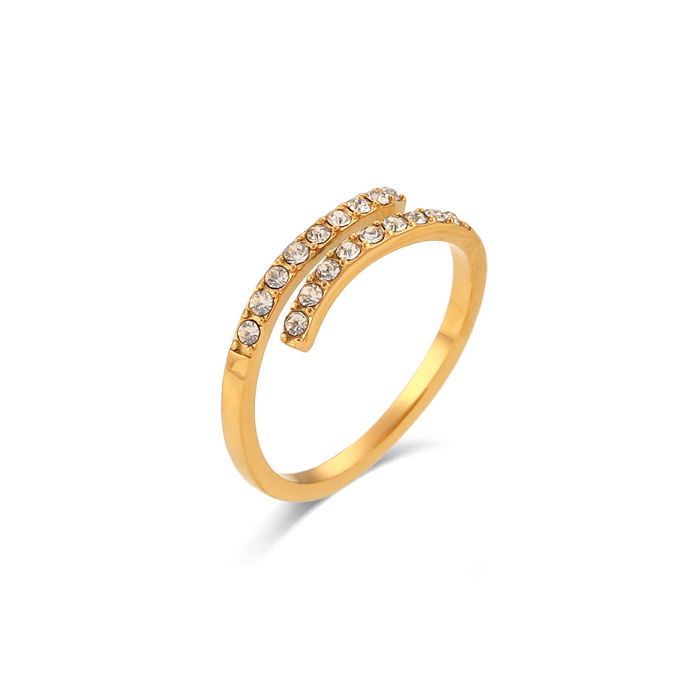 Anillo Ajustable Minimalista Geométrico de Acero Inoxidable Bañado en Oro con Circonita Transparente