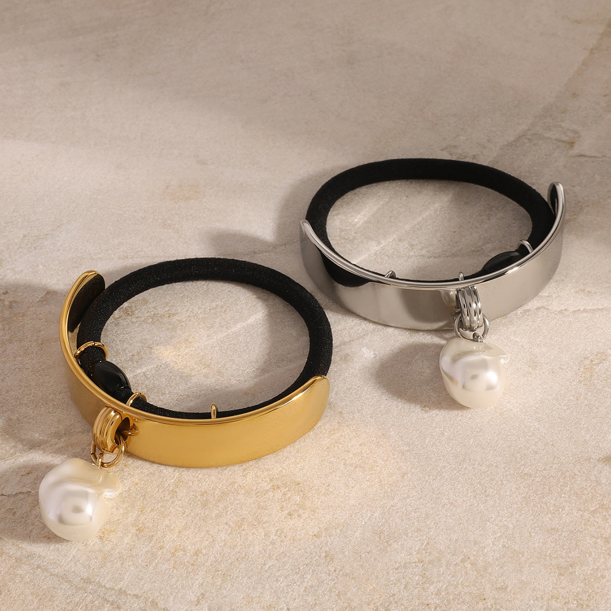 Sweet and Edgy Pearl Pendant Hair Tie with Electroplated Stainless Steel Band for Women