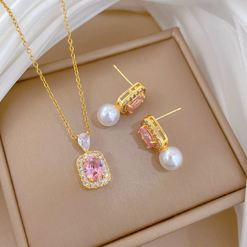 Sweet Square Moon Pearl Rhinestone Titanium Steel Necklace Set for Unisex